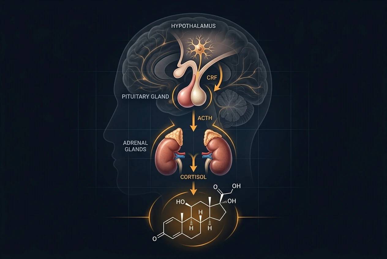 HPA axis cortisol cascade diagram — hypothalamus, pituitary, adrenal, cortisol