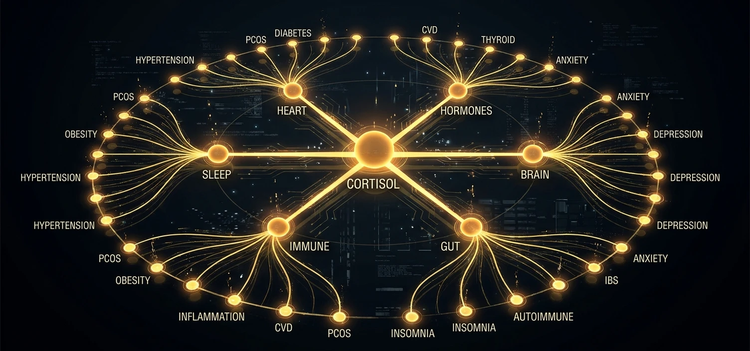 Stress to chronic disease pathway web — PCOS, heart, gut, thyroid, diabetes, immunity